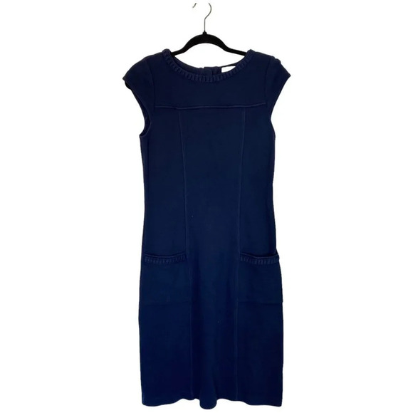 BODEN Summer Pique Ponte Sheath Dress Navy Blue Textured Cap Sleeve Size 6L - Picture 1 of 7